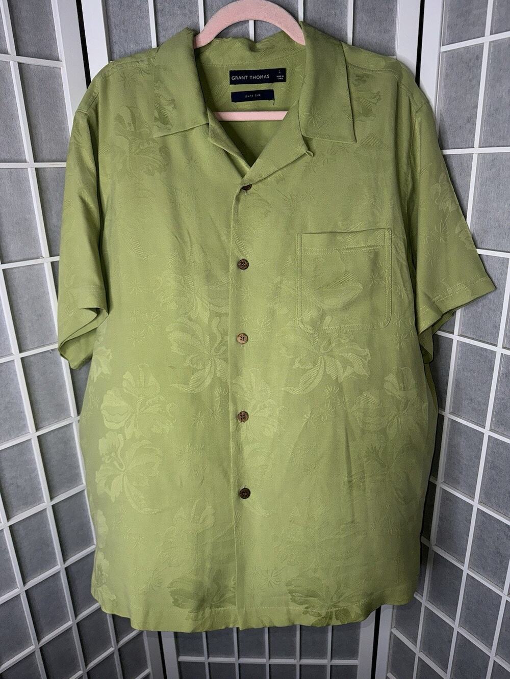 Grant Thomas Shirt Mens Large Pure Silk Ivory Short Sleeve Button Up